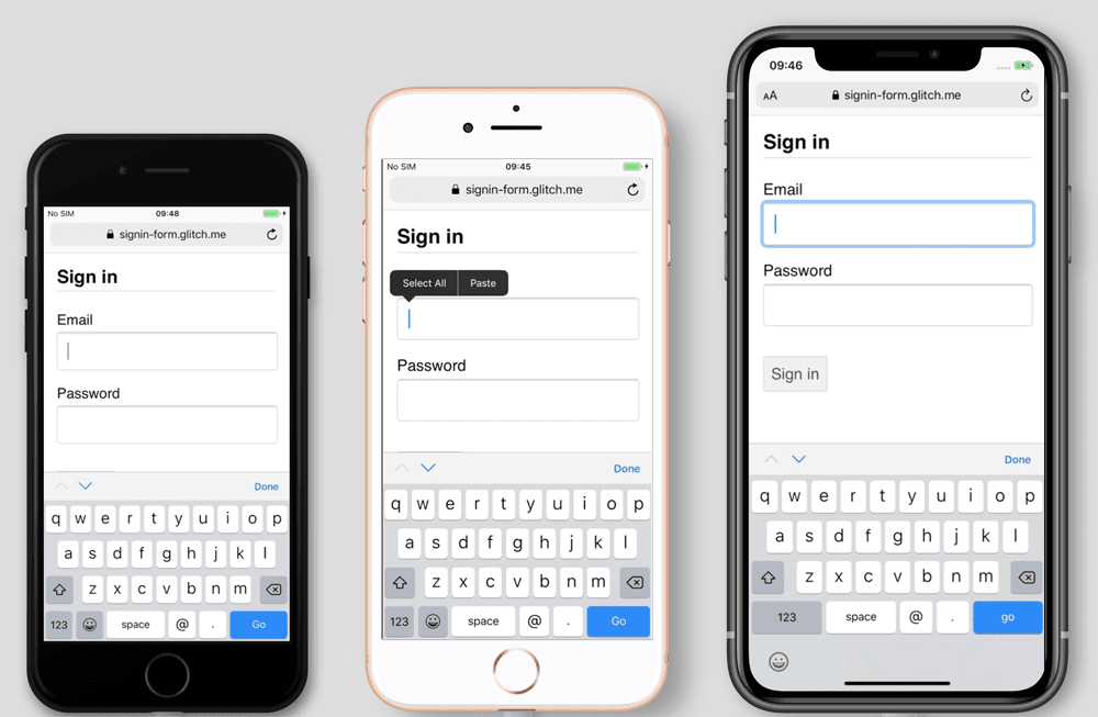 Zrzuty ekranu formularza logowania na iPhone&#39;a 7, 8 i 11. Na iPhone&#39;ach 7 i 8 przycisk Zaloguj się jest zasłonięty przez klawiaturę telefonu, ale nie na iPhone&#39;u 11.