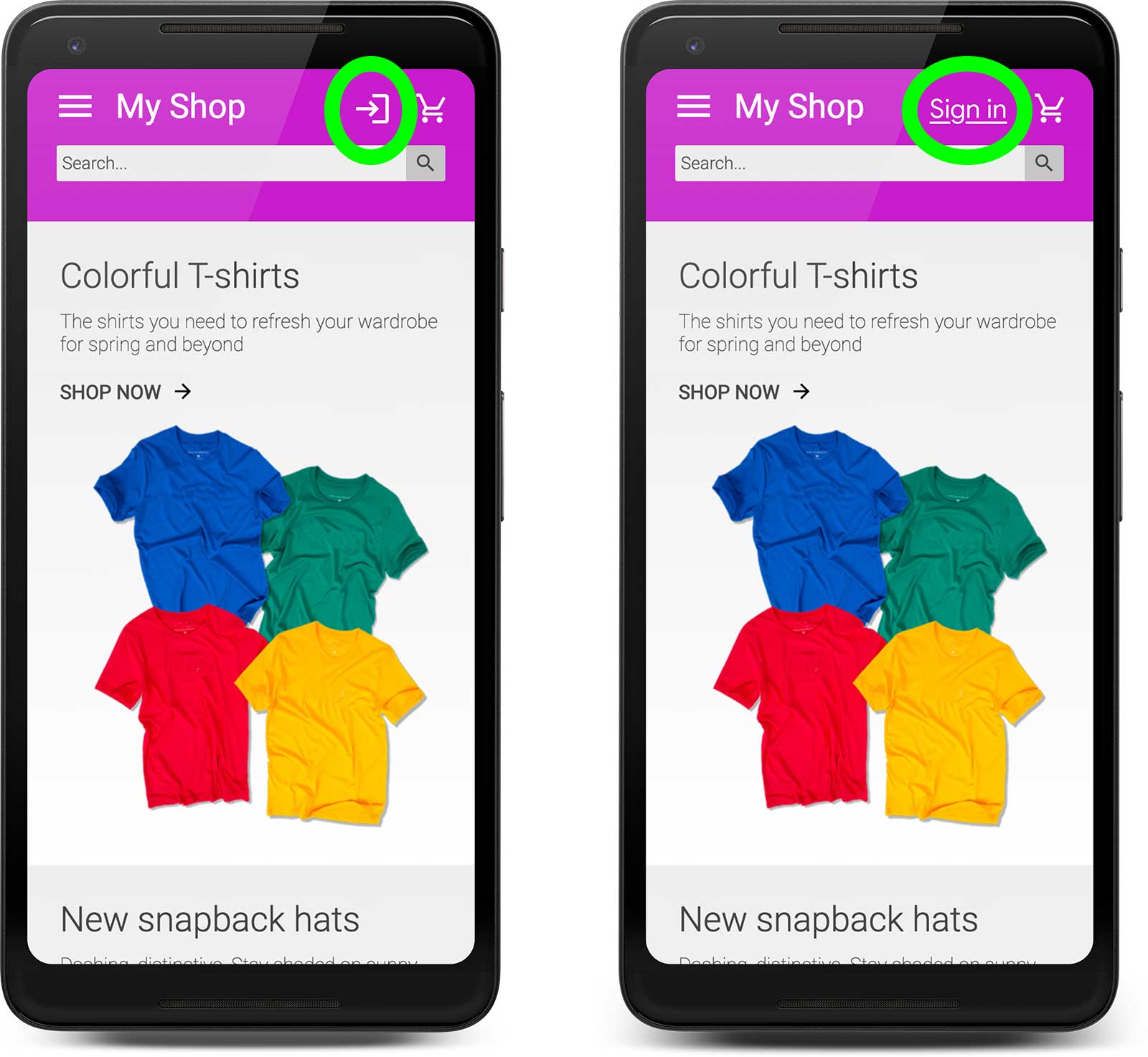 Dos capturas de pantalla de una maqueta de un sitio web de comercio electrónico visto en un teléfono Android. La de la izquierda usa un icono para el enlace de inicio de sesión que es algo ambiguo uno a la derecha simplemente dice 'Iniciar sesión'