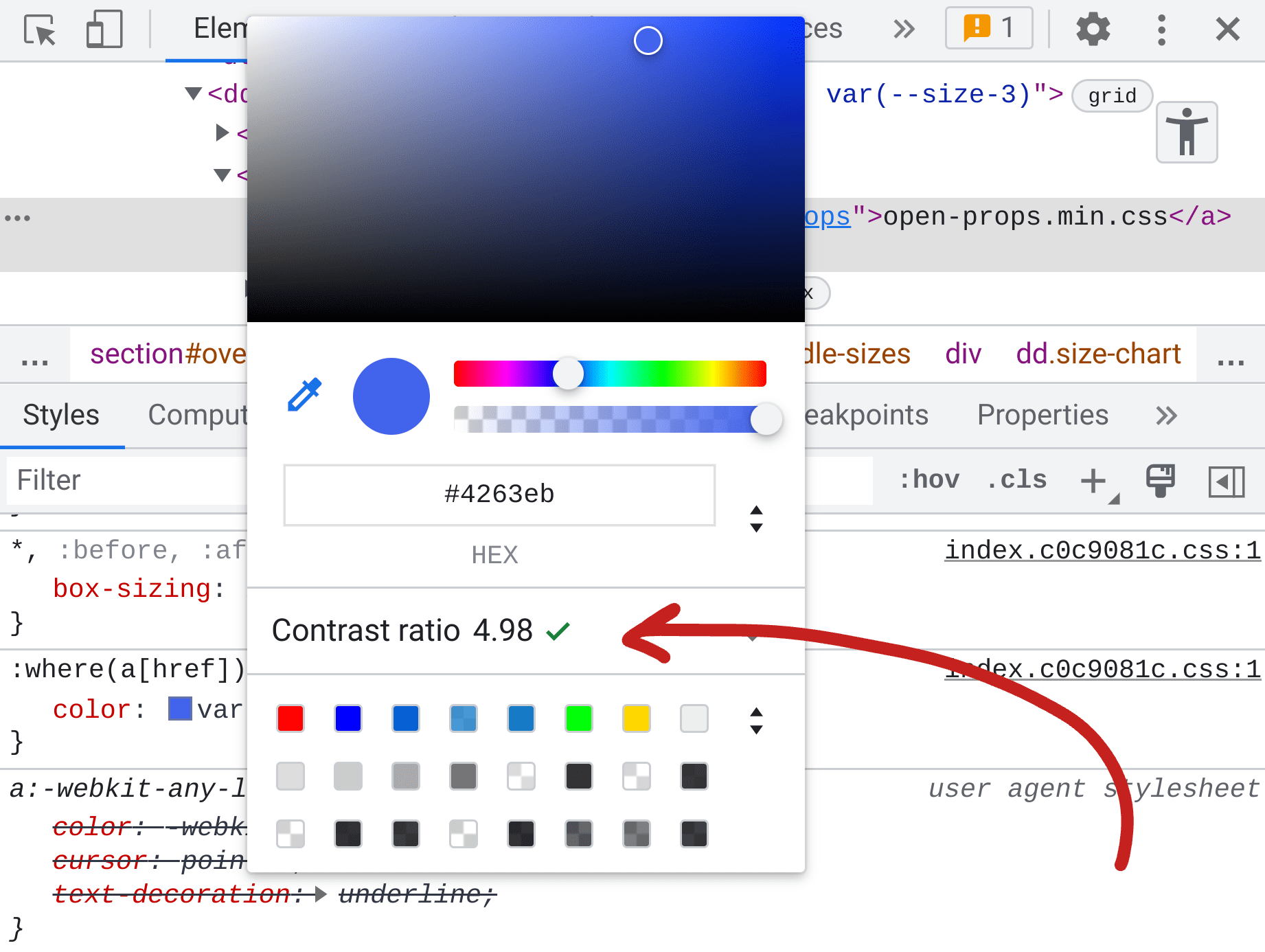 Ảnh chụp màn hình bảng điều khiển Phần tử của DevTools, trong các kiểu, bộ chọn màu sẽ hiển thị và ở giữa là báo cáo tỷ lệ tương phản của màu là 4,98.