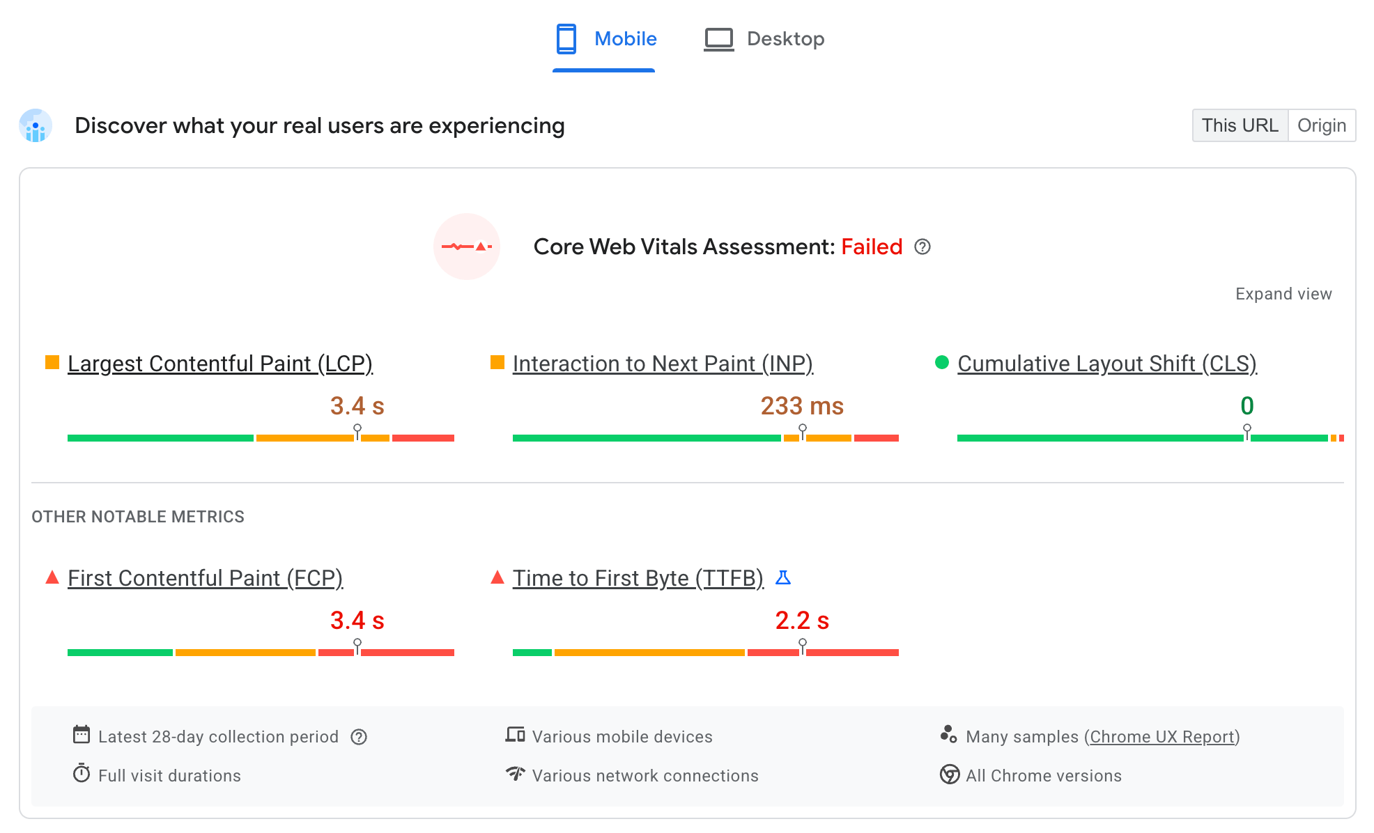איך מוצגים נתוני CrUX ב-PageSpeed Insights לגבי מדדי הליבה לבדיקת חוויית המשתמש בכתובת URL. כל אחד מהמדדים הבסיסיים של חוויית המשתמש מוצג בנפרד, וכל מדד מקובץ לפי ערכי הסף 'טוב', 'דרוש שיפור' ו 'איטי' ב-28 הימים האחרונים.